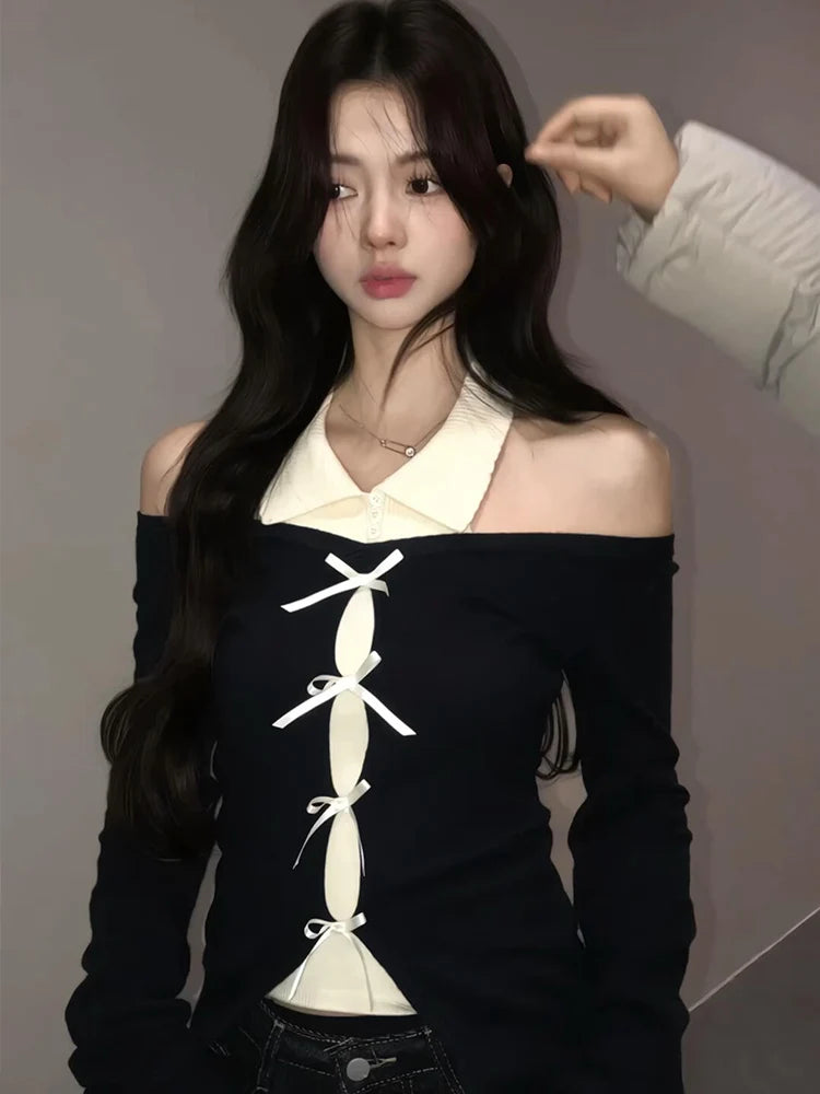 Black Woman T Shirts Irregular Korean Camisetas Fake Two Sexy Tees Crop Tops Chic Off Shoulder Knit Y2k Tshirts 2024 Ropa Mujer