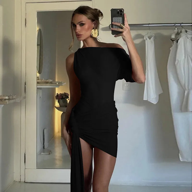 Oblique Shoulder Backless Irregular Sexy Mini Dress For Women Fashion Sleeveless Draped Ruched Club Dress Elegant