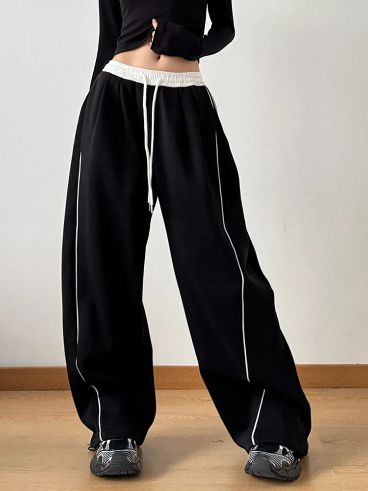High Elastic Waist Drawstring Color-block Long Wide Leg Pants New Trousers Women Fashion Tide Spring Autumn 2025 1DH9621
