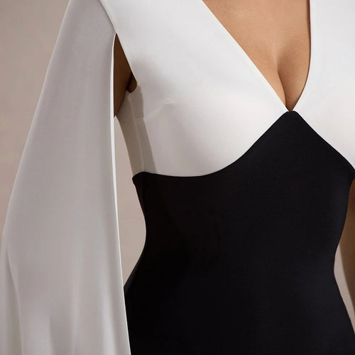 Load image into Gallery viewer, Cape Sleeve V Neck Sexy Maxi Dress For Women White Black Patchwork Backless Bodycon Evening Sexy Long Dress Elegant
