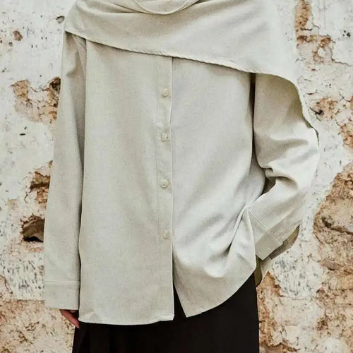 Load image into Gallery viewer, Women Khaki With Scarf Big Size Elegant Blouse New Stand Collar Long Sleeve Shirt Fashion Tide Spring Autumn 2025 1DH6989
