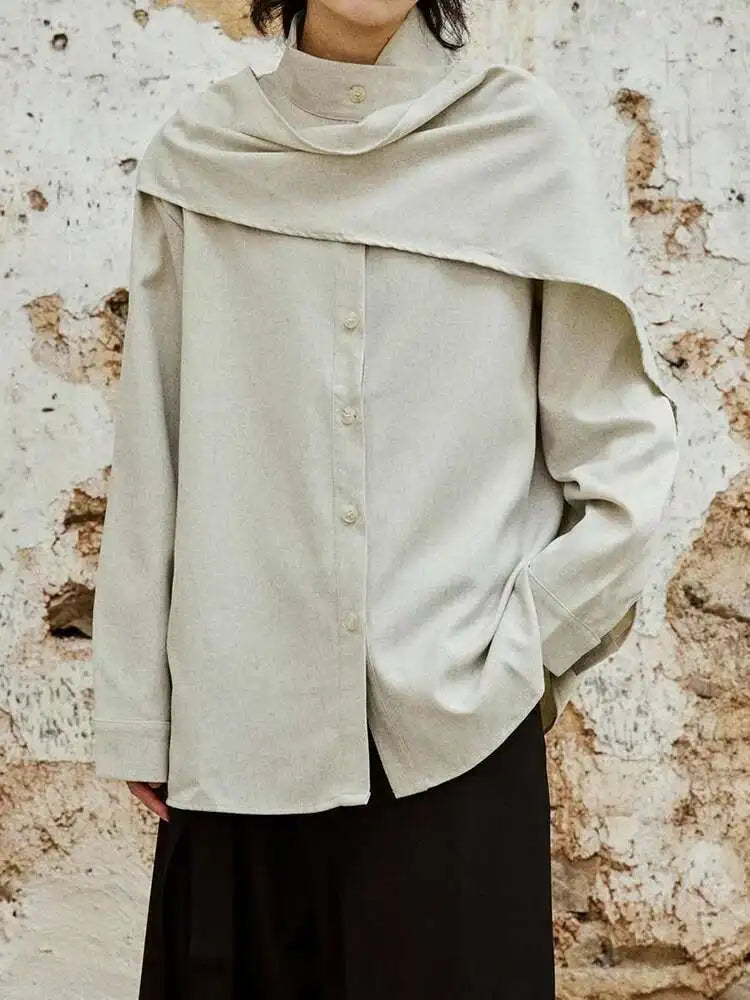 Women Khaki With Scarf Big Size Elegant Blouse New Stand Collar Long Sleeve Shirt Fashion Tide Spring Autumn 2025 1DH6989