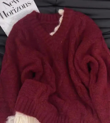 Autumn Winter Red Patchwork Elegant Warm Short Knitted Sweater Korean Women's Grey V-neck Long Sleeved Office Pullover Tops Chic