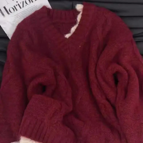 Load image into Gallery viewer, Autumn Winter Red Patchwork Elegant Warm Short Knitted Sweater Korean Women's Grey V-neck Long Sleeved Office Pullover Tops Chic
