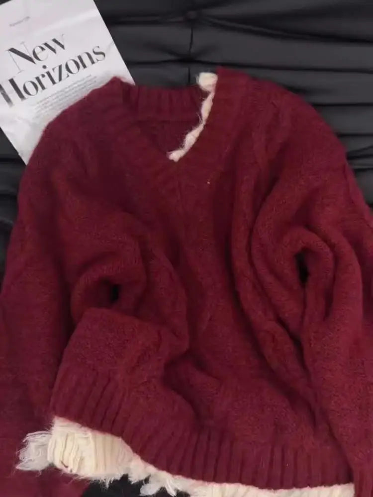 Autumn Winter Red Patchwork Elegant Warm Short Knitted Sweater Korean Women's Grey V-neck Long Sleeved Office Pullover Tops Chic