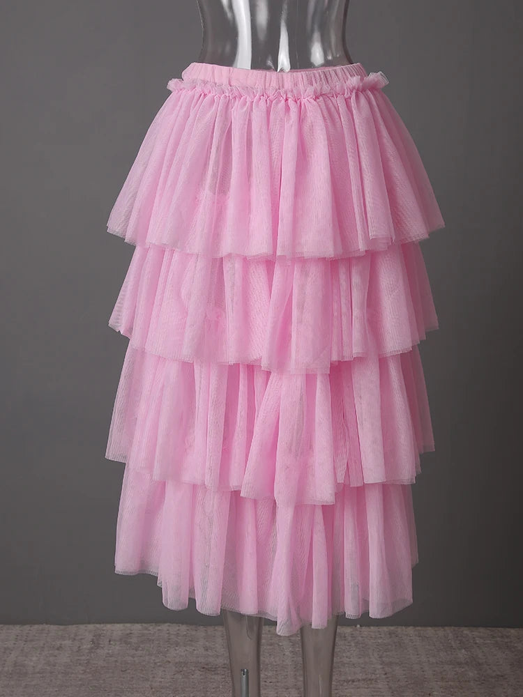 Mesh T-shirt Cake Half-body Skirt Two Pieces Suit New Round Neck Short Sleeve Women Fashion Spring Summer 2025 CPG3209