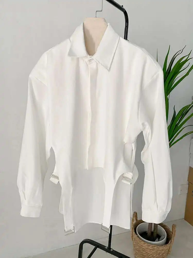 Women White Shoulder Padded Irregular Big Size Blouse New Lapel Long Sleeve Shirt Fashion Tide Spring Autumn 2025 1DF1466