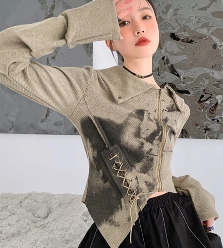 Chic Vintage Turn Down- Collar Women Cardigans Graffiti Print Zippers Female Open 2025 Cropped Coat All Match Irregular Y2k Tops