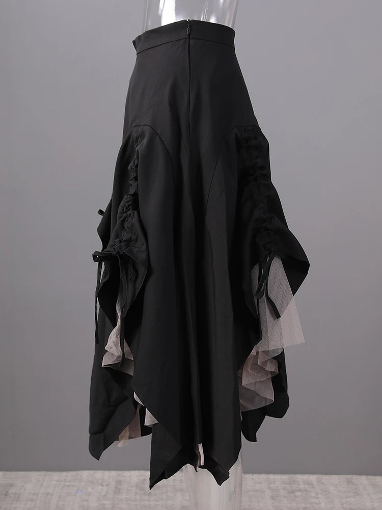 High Elastic Waist Black Drawstring Mesh Irregular A-line Half-body Skirt Women Fashion Tide New Spring Autumn 2025 2Q1136