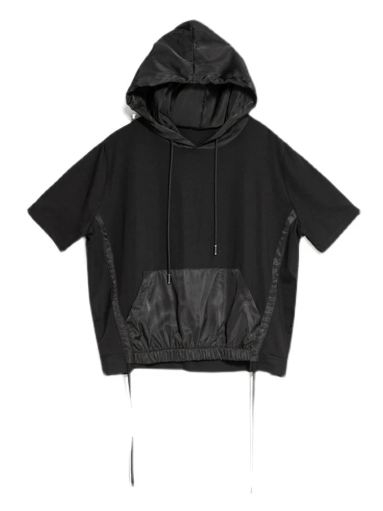 Women Black Thin Drawstring Big Size Casual T-shirt New Hooded Short Sleeve Fashion Tide Spring Summer 2025 1DJ1758