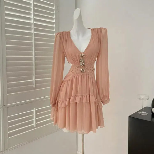 Load image into Gallery viewer, French Pink Diamond Long Sleeved High Waist Pleated Dress For Women Spring Autumn 2025 New Hollow Out Ruffles Vacation Dress New
