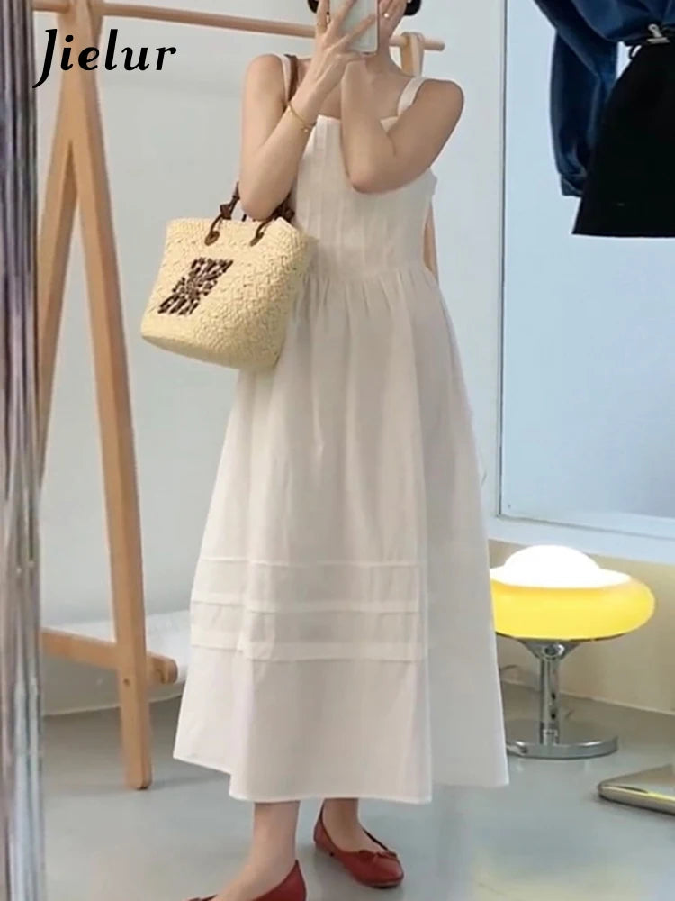 Beach Style White Strapless Women's Dresses Summer Chic Solid Color Sleeveless Slash Neck Fashion Vacation Female Dress