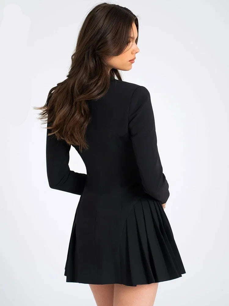 Elegant Black Blazer Dresses 2024 Women Autumn Fashion Sexy Deep V-neck Long Sleeve Pleated Mini Dress C92-GA41