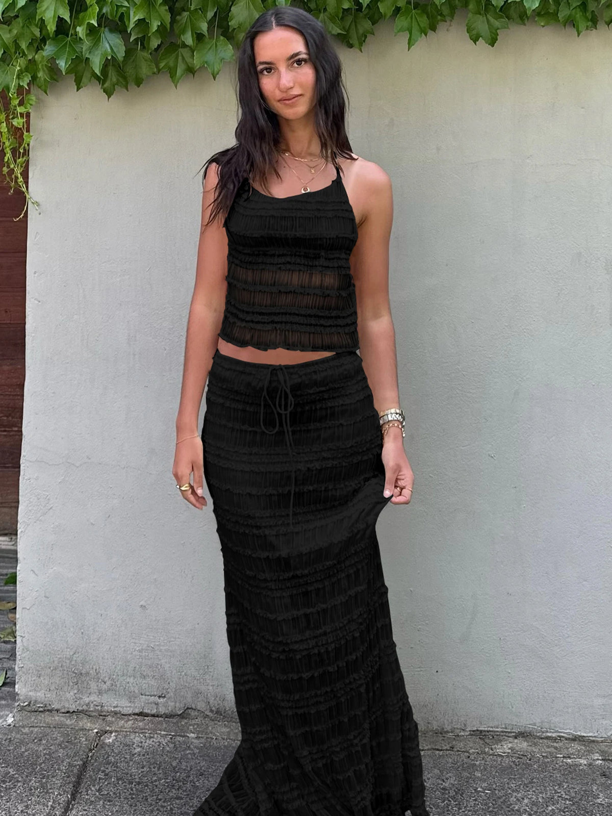 Elegant 2 Pcs Sets Halter Backless Lace Up Sexy Crop Camis Top Maxi Skirt Summer Women Y2K Outfits Beach Vacation Party