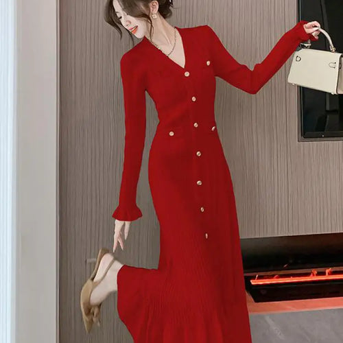 Load image into Gallery viewer, Autumn French Solid V-neck Elegant Ruffles Knit Dress Women Slim Long Sleeve Single Breast Fishtail Dress 2024 New Fashion Trend
