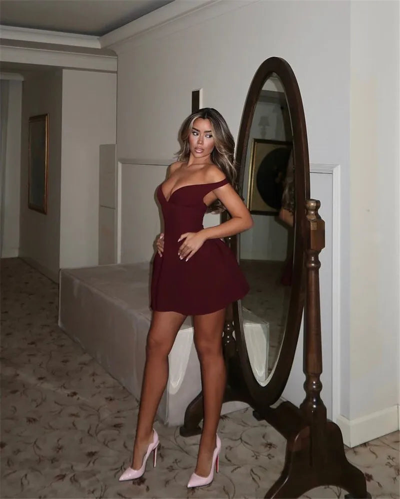Off-shoulder Backless Sexy Mini Dress For Women Wine Red Sleeveless Strapless High Waist A-line Club Party Sexy Dress