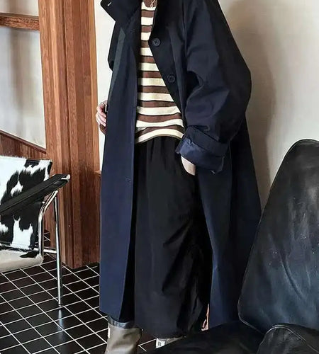 Women Navy Blue Big Size Long Elegant Trench New Stand Collar Long Sleeve Windbreaker Fashion Spring Autumn 2025  1DH6843