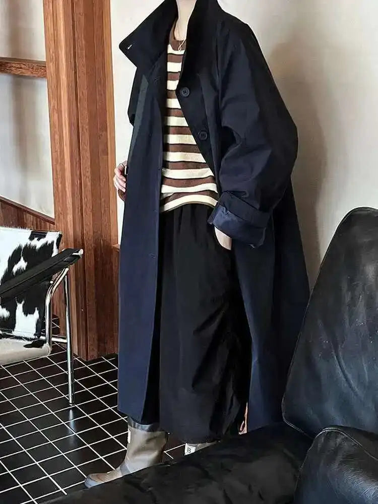 Women Navy Blue Big Size Long Elegant Trench New Stand Collar Long Sleeve Windbreaker Fashion Spring Autumn 2025  1DH6843