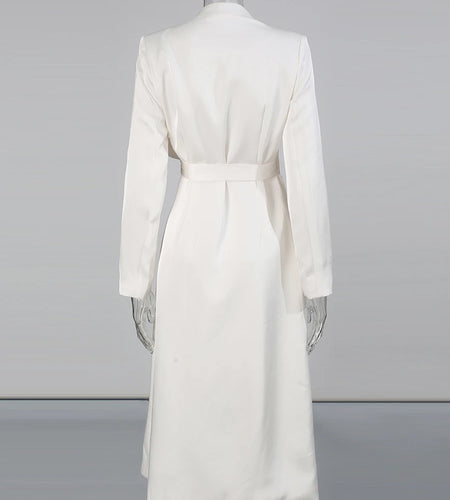 Elegant Pleated Lace Up Trench for Women V Neck Long Sleeve Tunic Minimalist White Coats Female Fashion Clothes