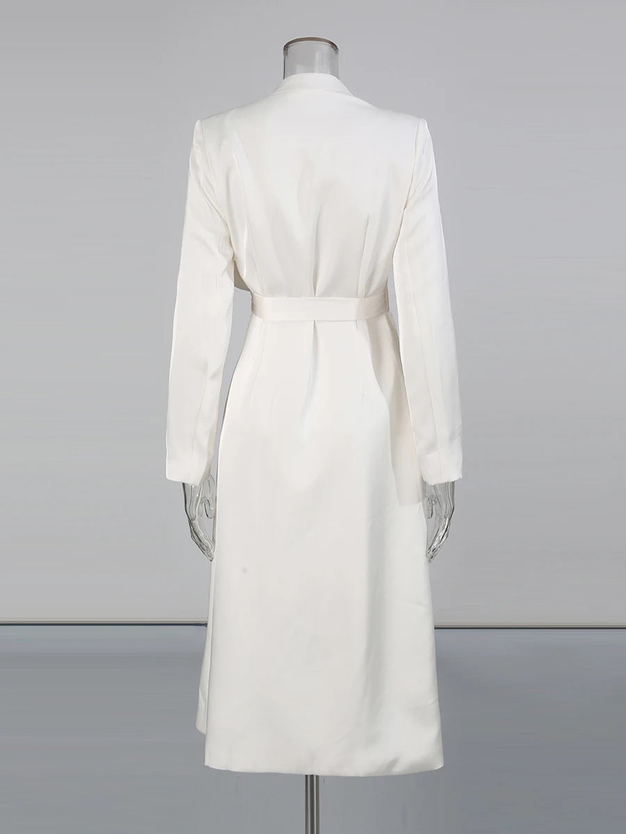 Elegant Pleated Lace Up Trench for Women V Neck Long Sleeve Tunic Minimalist White Coats Female Fashion Clothes