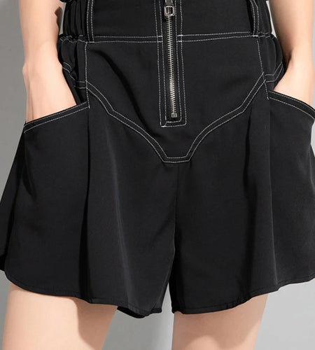 Women Black Topstitched Zipper Pocket Wide Leg Shorts New High Waist Trousers Fashion Tide Spring Summer 2025 1DJ1054