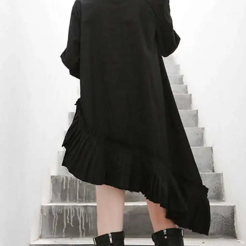 Load image into Gallery viewer, Women Black Pleated Irregular Casual Shirt Dress New Stand Collar Long Sleeve Loose Fit Fashion Spring Autumn 2025 1DF4825

