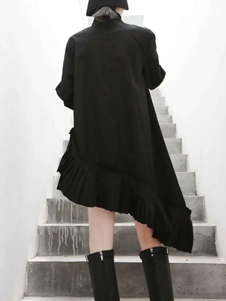 Women Black Pleated Irregular Casual Shirt Dress New Stand Collar Long Sleeve Loose Fit Fashion Spring Autumn 2025 1DF4825