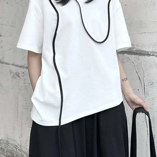 Load image into Gallery viewer, Women Black Color-block Irregular Big Size T-shirt New Round Neck Short Sleeve Fashion Tide Spring Summer 2025 1DF9655
