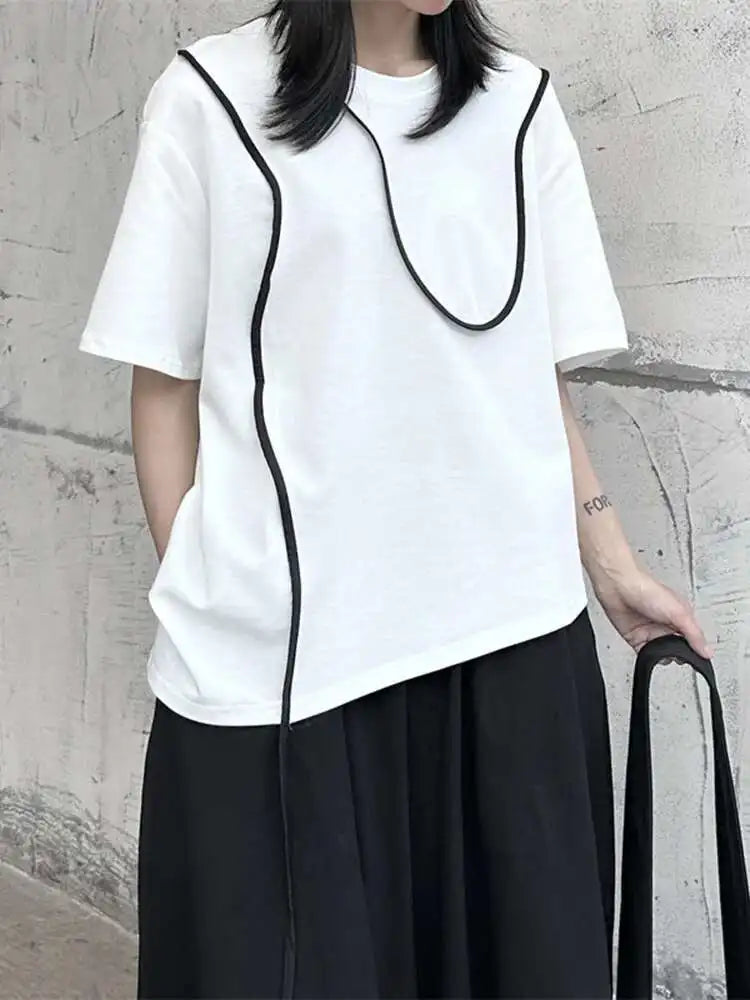 Women Black Color-block Irregular Big Size T-shirt New Round Neck Short Sleeve Fashion Tide Spring Summer 2025 1DF9655