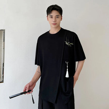 Summer Men's T-shirt Chinese Style Embroidered Short Sleeve Loose Split Hem Design Male Round Collar Tee 9C6034