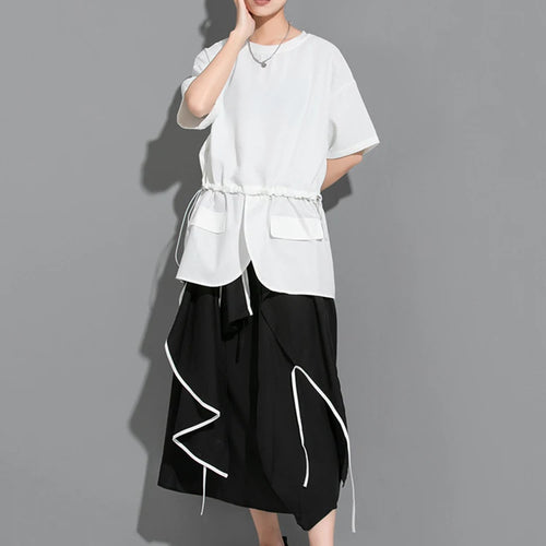 Load image into Gallery viewer, Women White Drawstring Splice Big Size Casual T-shirt New Round Neck Short Sleeve Fashion Tide Spring Summer 2025  1DJ1799
