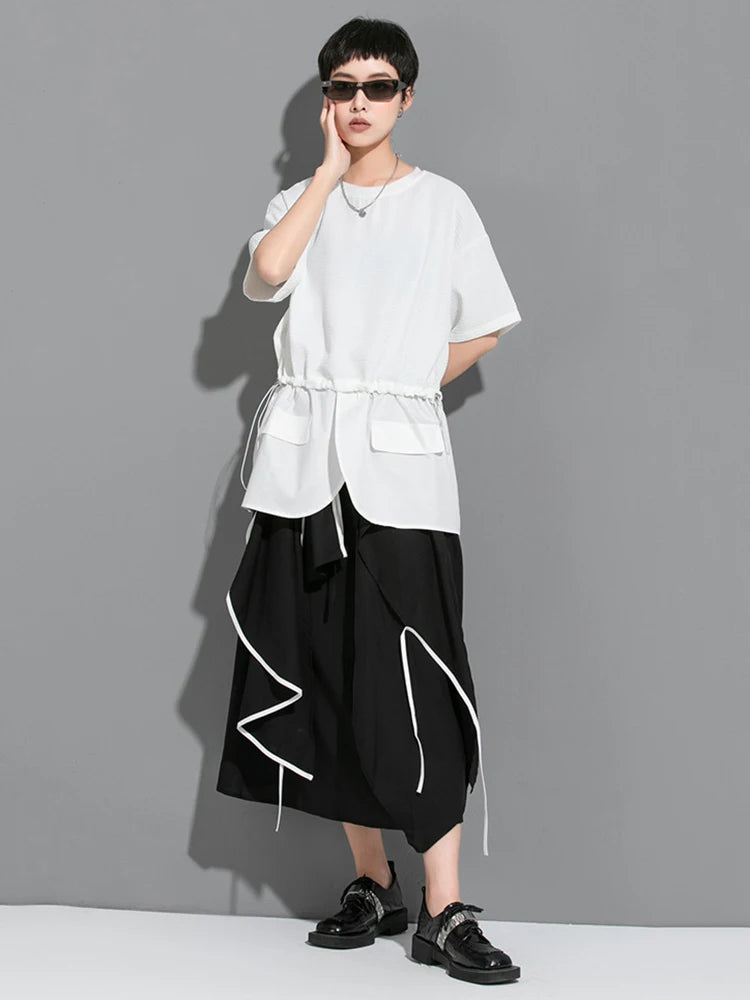 Women White Drawstring Splice Big Size Casual T-shirt New Round Neck Short Sleeve Fashion Tide Spring Summer 2025  1DJ1799