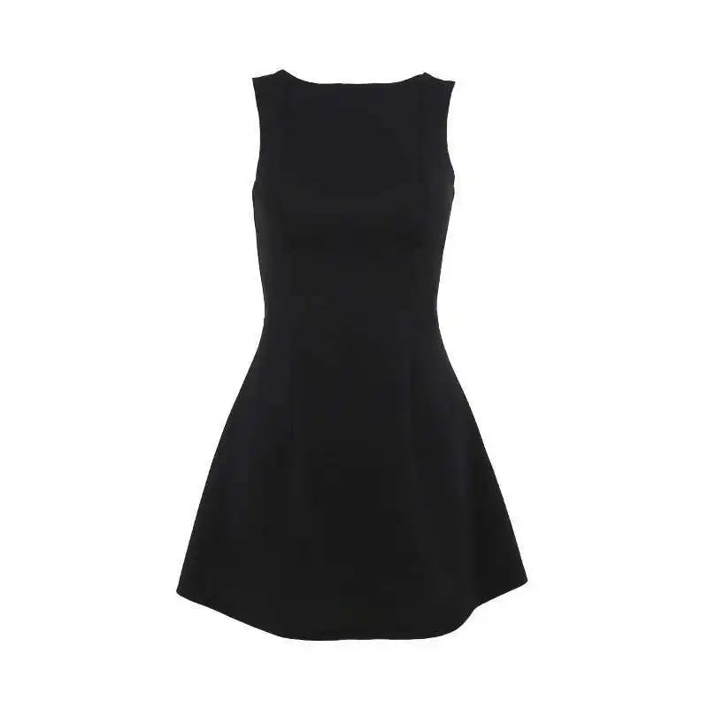 Elegant Backless Mini Tank Dress For Women Fashion Black O Neck Sleeveless Club Party A-line Basics Sexy Dress New