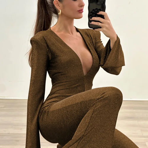 Load image into Gallery viewer, Sexy Deep V-long Sleeved Jumpsuit Women Sparkling High Waisted Flared Pants Elegant Club Jumpsuit Winter 2025 Rompers
