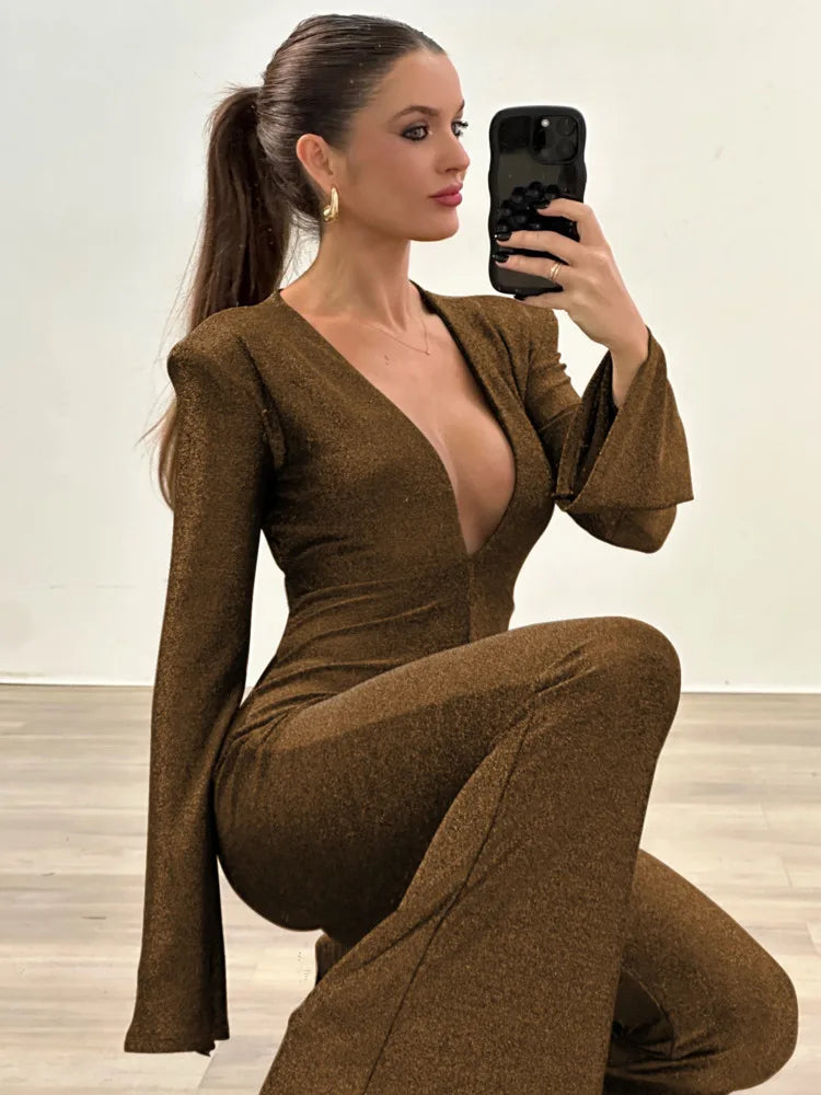 Sexy Deep V-long Sleeved Jumpsuit Women Sparkling High Waisted Flared Pants Elegant Club Jumpsuit Winter 2025 Rompers