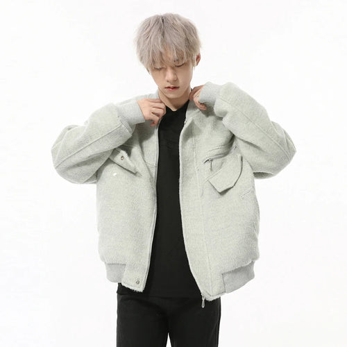 Load image into Gallery viewer, Korean Style Men&#39;s Woolen Jackets Round Collar Thick Zipper Patchwork Quilted Solid Color Casual Male Coats Simple 9C9216
