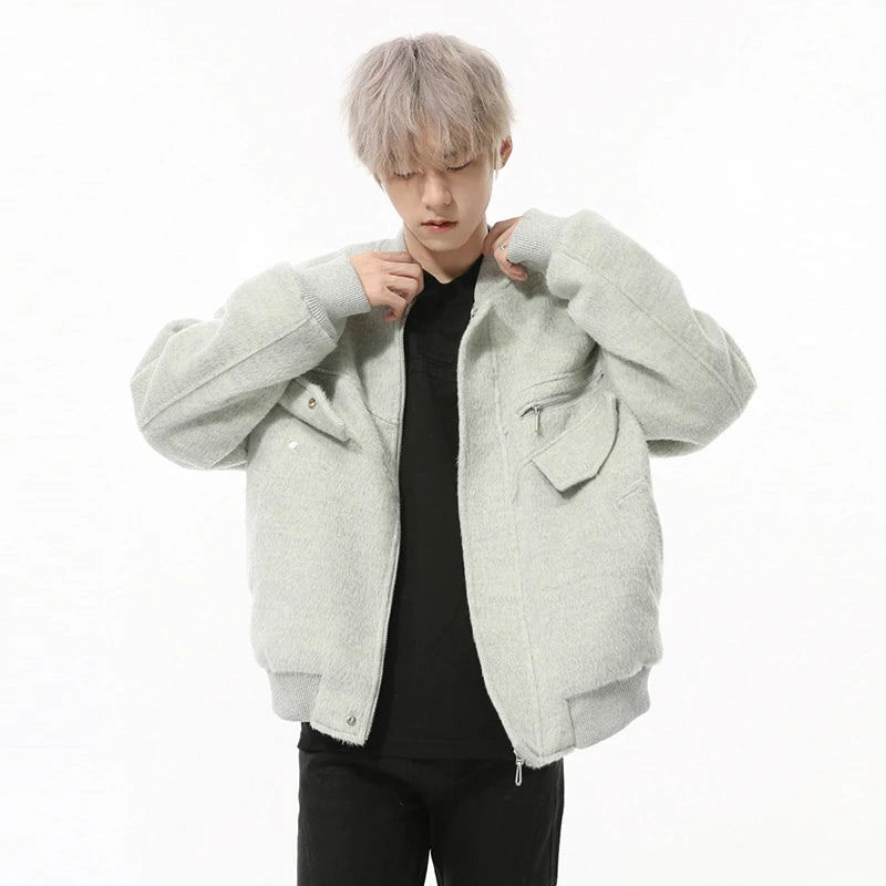Korean Style Men's Woolen Jackets Round Collar Thick Zipper Patchwork Quilted Solid Color Casual Male Coats Simple 9C9216