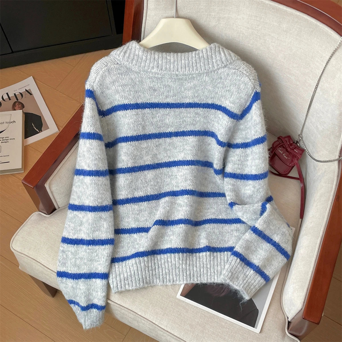 Autumn Winter Grey Blue Striped Patchwork Long Sleeves Sweater Korean Fashion Women's Short Knitted Tops Casual Versatile Trendy