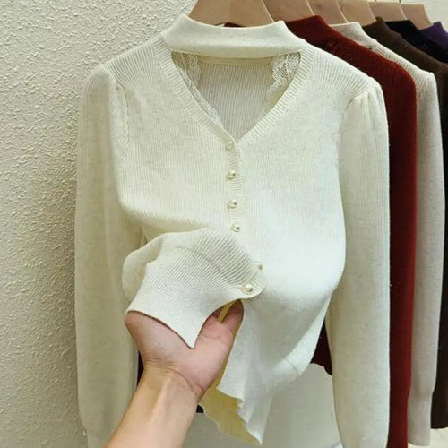 Load image into Gallery viewer, Autumn Winter Solid Lace Hollow Out Single Breasted Velvet Sweater Korean Fashion Women Warm Knitwear Long Sleeve Pullovers Tops
