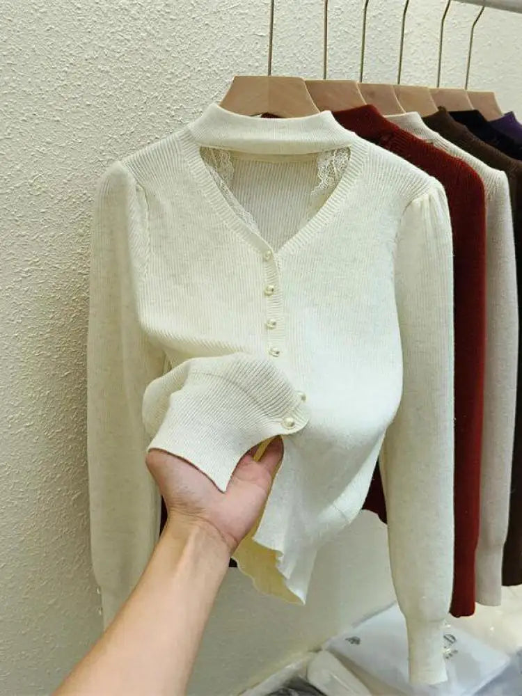 Autumn Winter Solid Lace Hollow Out Single Breasted Velvet Sweater Korean Fashion Women Warm Knitwear Long Sleeve Pullovers Tops