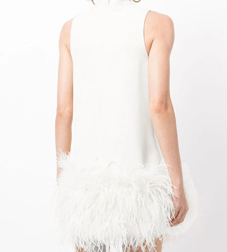 Casual Solid Dress For Women Round Neck Sleeveless Patchwork Feathers High Waist Mini A Line Dresses Female 2022 Summer New