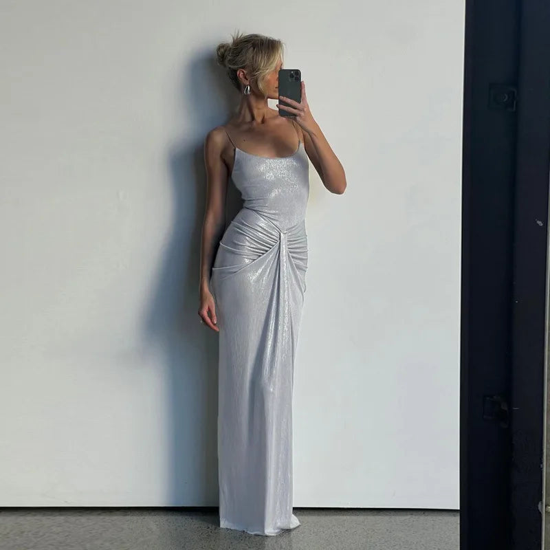 Sliver Spaghetti Strap Sexy Maxi Dress For Women Fashion Sparkle Sleeveless Backless Ruched Beach Club Sexy Long Dress