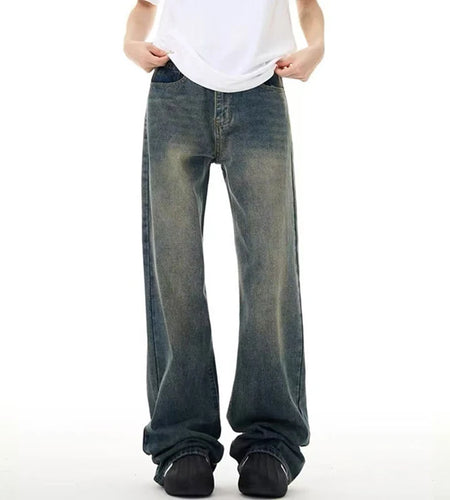 Men American Style Jeans High Street Washed Solid Color Highed Waisted Wide Leg Loose Flared Handsome Trousers 9W1489