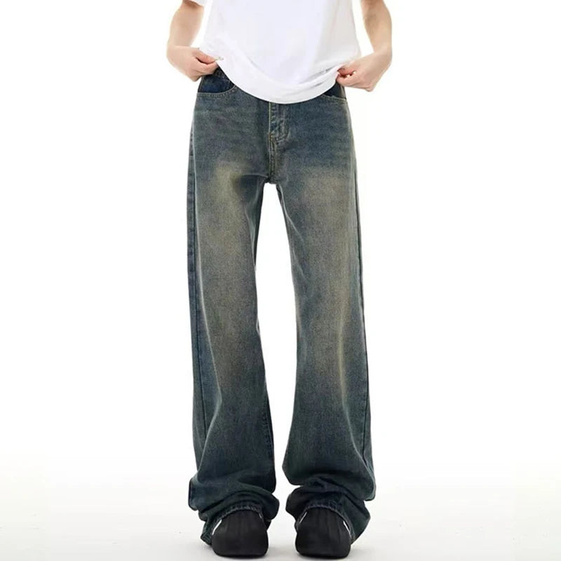 Men American Style Jeans High Street Washed Solid Color Highed Waisted Wide Leg Loose Flared Handsome Trousers 9W1489