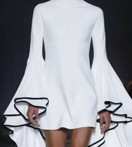 Women‘s Club Outfits Mini dress Flare Sleeves Long Sleeves White Stand Collar party birthday dresses For woman