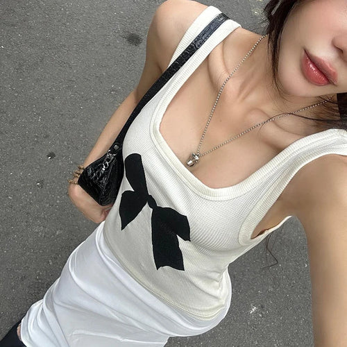 Load image into Gallery viewer, Casual Coquette Bow Printed Basic Summer Tank Top Sleeveless Knit Tee Vest Korean Kawaii Clothes Preooy Style Outfits
