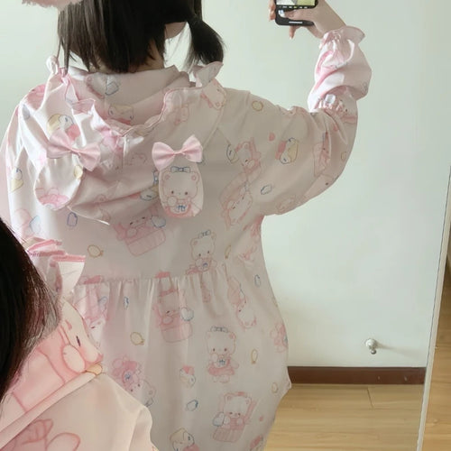 Load image into Gallery viewer, Japanese Sun Protection Cartoon Print Jackets Women Y2k Aesthetic Grunge Bear's Ear Hooded Coat Casual Loose Zipper Femme Tops
