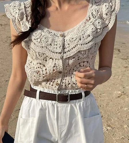 Crochet Crop Top Women Summer Clothes Cutout V Neck Fly Sleeve Buttons T Shirt Vest y2k Clothing Beach Streetwear