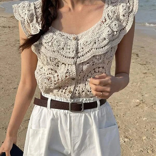 Load image into Gallery viewer, Crochet Crop Top Women Summer Clothes Cutout V Neck Fly Sleeve Buttons T Shirt Vest y2k Clothing Beach Streetwear
