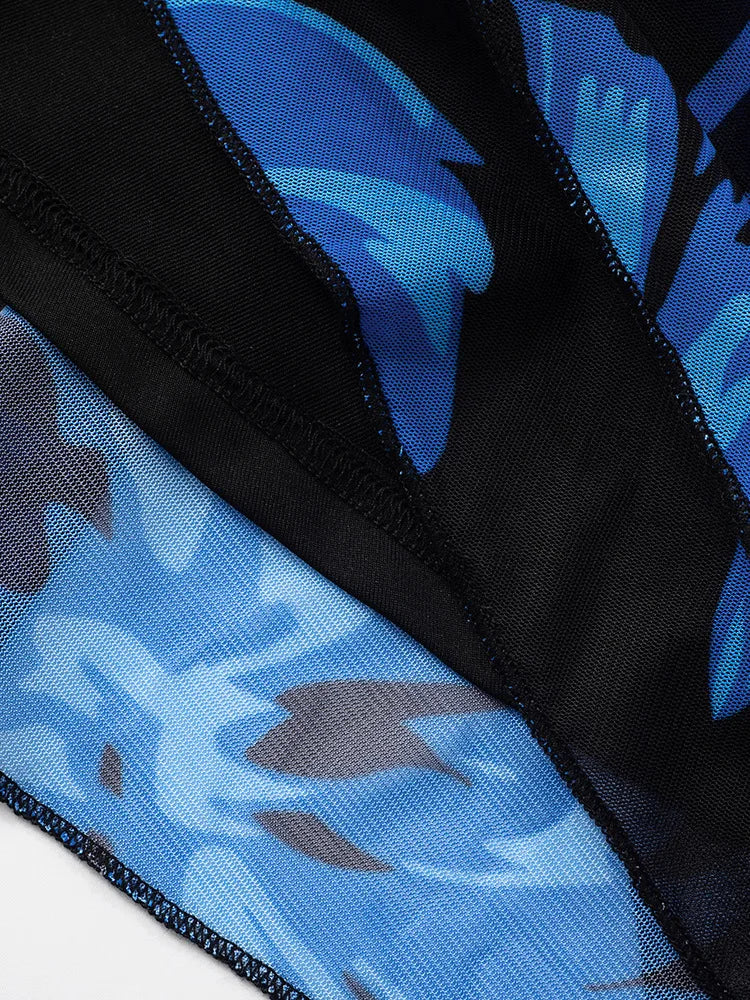 Blue Print Ruffled Sexy Mini Dress For Women Robe Irregular Oblique Shoulder Sleeveless Backless Club Party Dress Beach